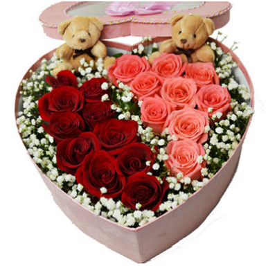 18 Rosas en Caja Corazn y 2 Peluchitos 